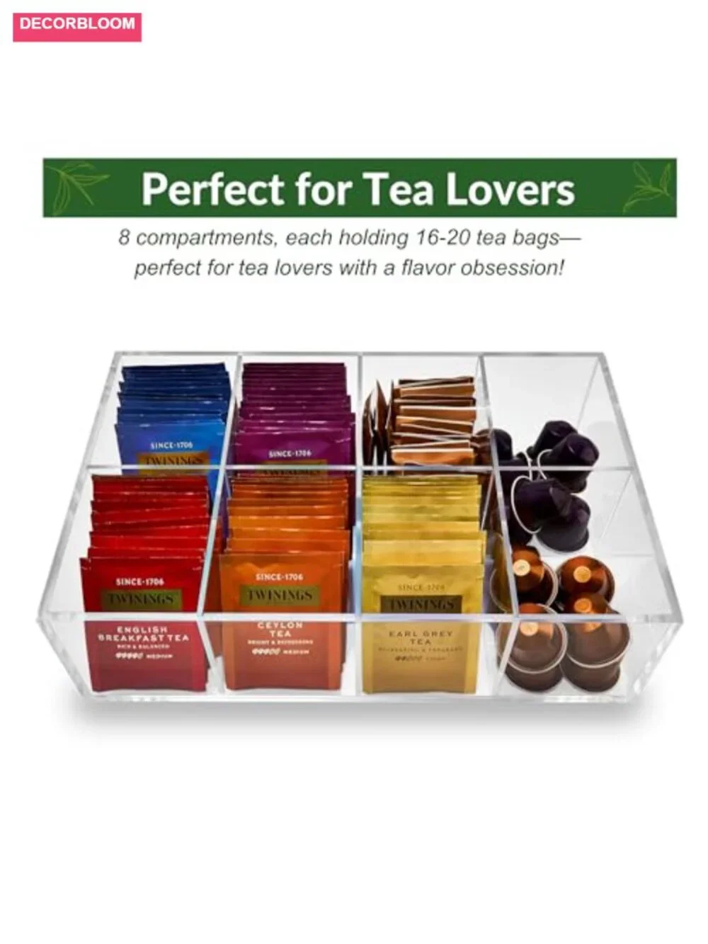 Heavy-Duty Acrylic Tea Bag Organizer, 8-Compartment Storage Box, Crystal Clear,
